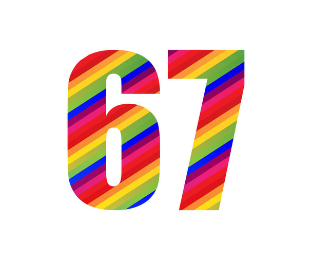 67 Número de dígitos numéricos estilo arco iris. Diseño de ilustración vectorial colorido de sesenta y siete números aislado sobre fondo blanco
. - Vector, imagen