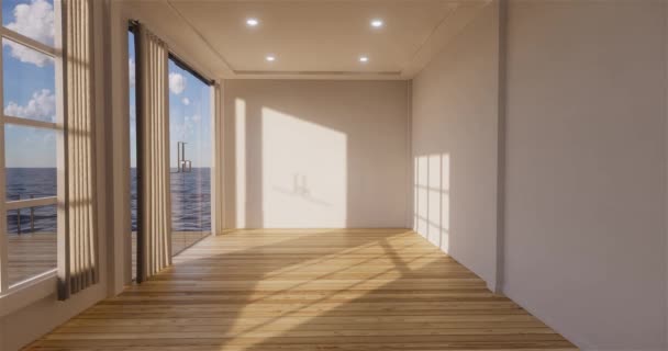 Habitación vacía de diseño interior blanco en el diseño de interiores de piso de madera. Renderizado 3D
 - Metraje, vídeo