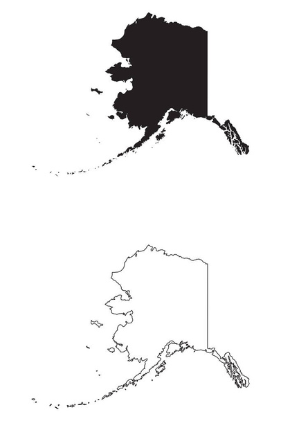 Alaska AK staatskaart USA. Zwart silhouet en schets geïsoleerde kaarten op een witte achtergrond. EPS-vector - Vector, afbeelding