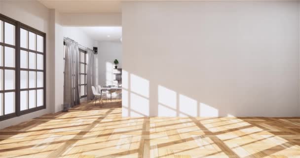 Tyhjä huone valkoinen sisustus puulattia sisustus. 3D-renderointi
 - Materiaali, video