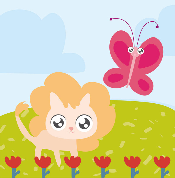 lion and butterfly, animals in kawaii style - Vecteur, image