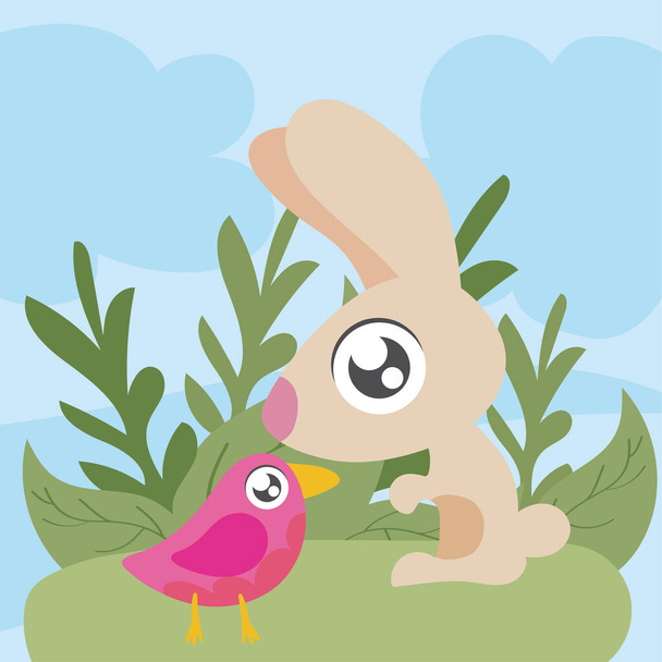 králík a pták, zvířata ve stylu kawaii - Vektor, obrázek