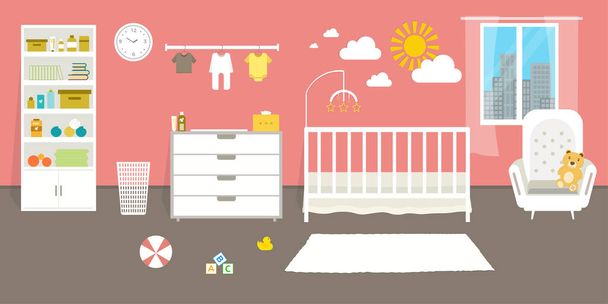 Gezellig kinderdagverblijf interieur, baby kamer, platte stijl vector illustratie template - Vector, afbeelding