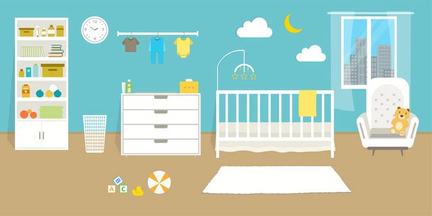 Gezellig kinderdagverblijf interieur, baby kamer, platte stijl vector illustratie template - Vector, afbeelding