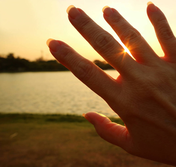 Häikäisevä auringonvalo paistaa sormien läpi naisen käden
 - Valokuva, kuva