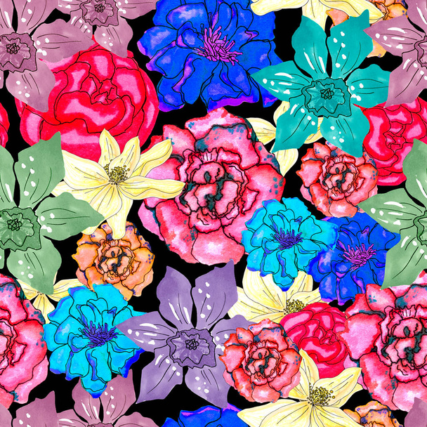 Ilustración de abstracción floral sin costuras. Patrón de peonía de verano brillante sobre un fondo oscuro para imprimir en envases, papel, ropa, diseñadores, menús, tarjetas
 - Foto, Imagen