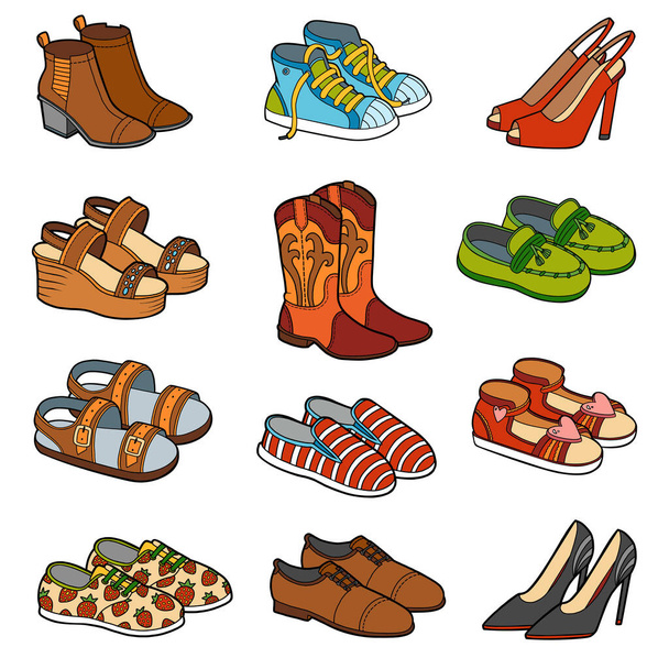 Vector conjunto de zapatos, colección de color de ropa de dibujos animados y accesorios
 - Vector, Imagen