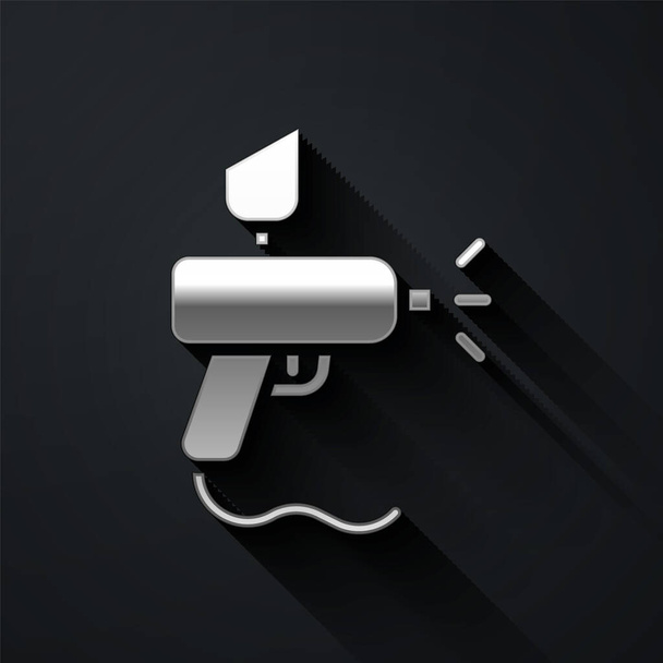 Das Symbol der silbernen Farbspritzpistole isoliert auf schwarzem Hintergrund. Langer Schatten. Vektorillustration - Vektor, Bild