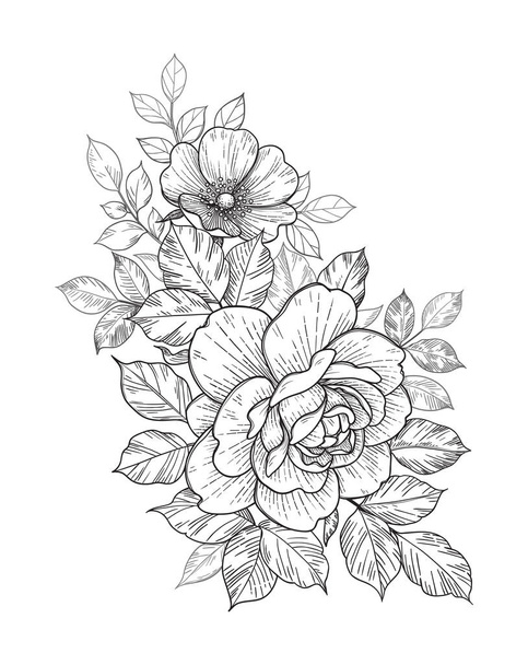 Hand drawn rose flower and leaves bunch isolated on white. Vector line art monochrome elegant vertical floral composition in vintage style, t-shirt, tattoo design, coloring page, wedding decoration - Vector, Imagen