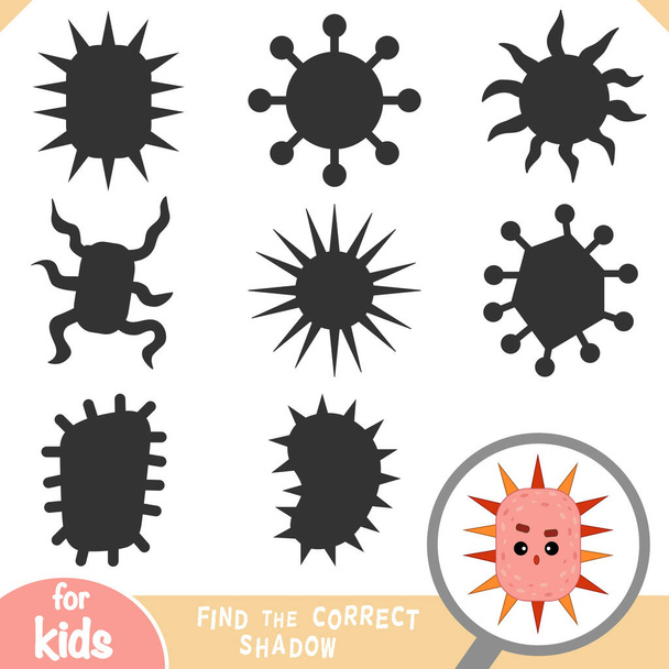Βρείτε τη σωστή σκιά, παιχνίδι εκπαίδευσης για τα παιδιά, Χαριτωμένο βακτήρια και τον χαρακτήρα του ιού - Διάνυσμα, εικόνα