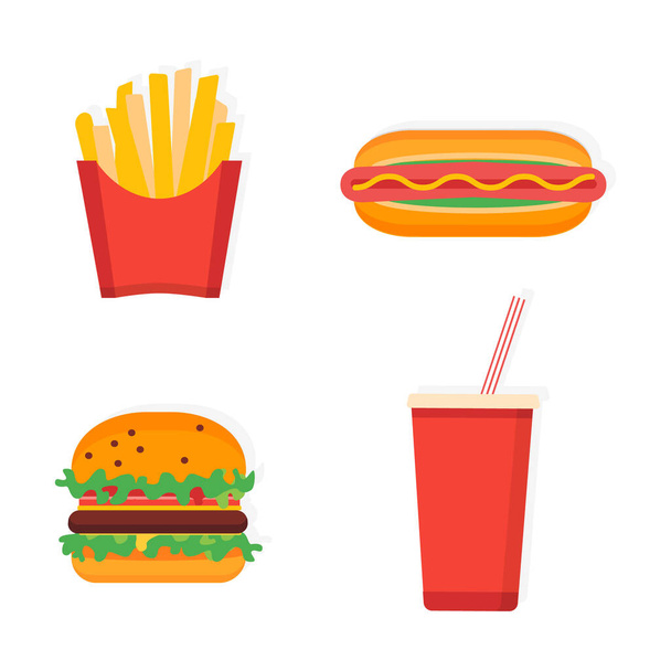 Definir fast food em estilo moderno plana isolada. Hambúrguer, cachorro-quente, batata frita e Coca-Cola Ilustração isolada
. - Vetor, Imagem