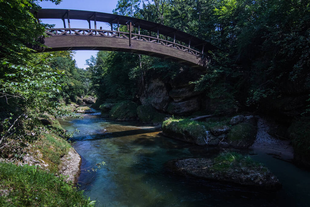 Ormandaki bir derenin üzerindeki ahşap köprü Yazın yürüyüş yaparken - Fotoğraf, Görsel