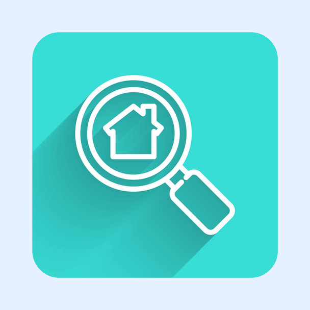 Weiße Linie Suche Haussymbol isoliert mit langem Schatten. Immobilien-Symbol eines Hauses unter der Lupe. Grüner Quadrat-Knopf. Vektorillustration - Vektor, Bild