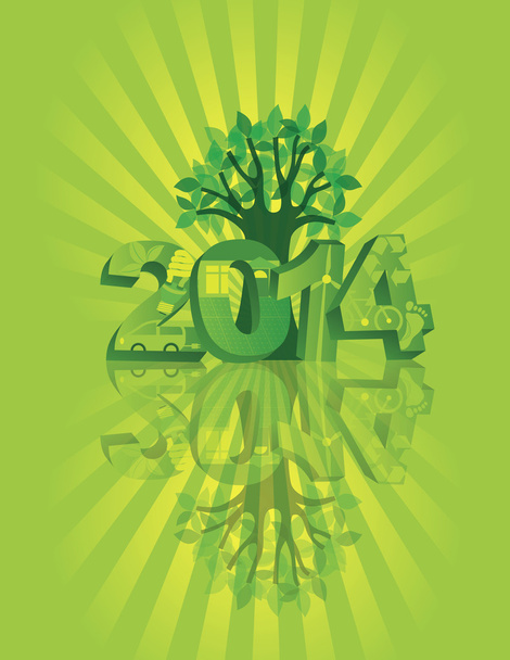 2014 semboller ve ağaç Günışığı arka plan ile yeşil git - Vektör, Görsel