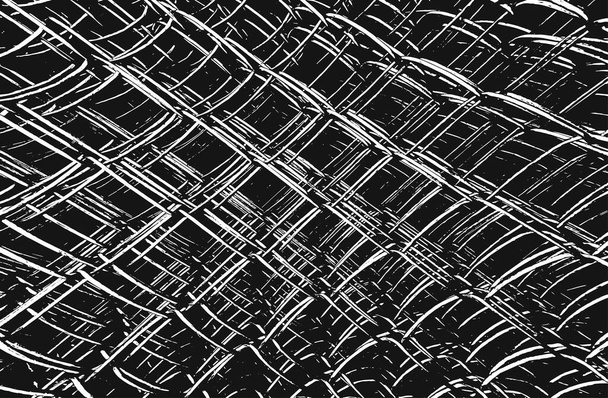 Distress old rusted peeled, scrathed vector texture with metal net, wire, cage, crossed stripes. EPS8 illustration. Black and white grunge background. - Vector, Image