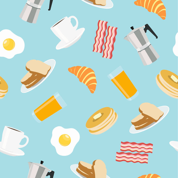 Vector Seamless Pattern Breakfast Themed with Differente Breakfast Related Items on a Blue Background. Wallpaper - Vector, Image