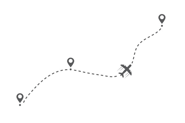 Ruta de vuelo del avión. Ruta turística de vuelo. Pin de partida al punto de destino. Un símbolo de viaje. Ilustración vectorial
 - Vector, imagen