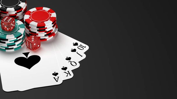 Royal flush poker hand with casino chips on table. 3D illustration - Photo, Image