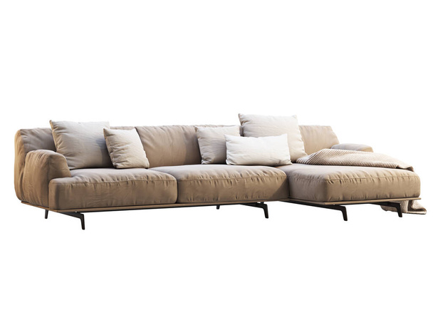 Sofá de tecido bege moderno. Têxtil estofos chaise lounge sofá com travesseiros e jogar no fundo branco. Meados do século, Moderno, Loft, Chalet, interior escandinavo. Renderização 3d
 - Foto, Imagem