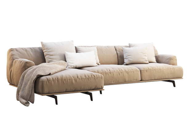 Modern beige fabric sofa. Textile upholstery chaise lounge sofa with pillows and throw on white background. Mid-century, Modern, Loft, Chalet, Scandinavian interior. 3d render - Photo, Image