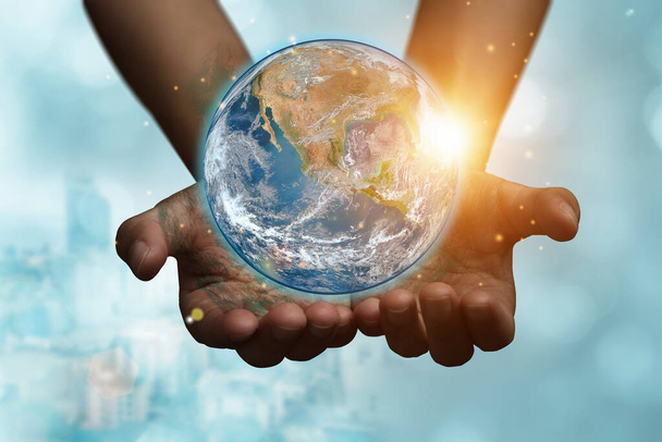 International Day of Forests and earth day concept: Hands holding blue earth globe over and green leaves blurred background for World Environment Day. Earth globe in Business man hands. Saving ecology nature. Element of the image furnished by NASA. - Foto, imagen