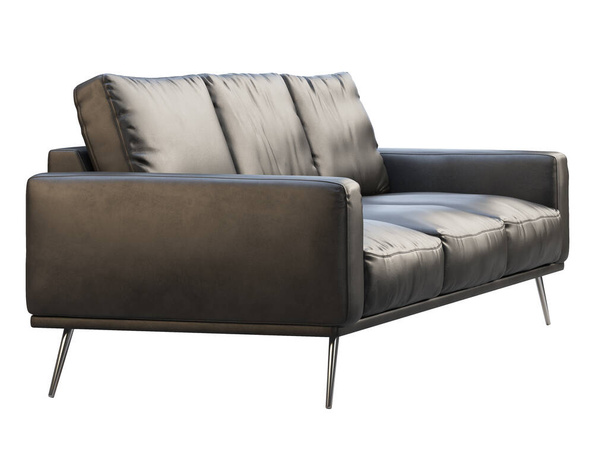 Μοντέρνος τριθέσιος καναπές. Μαύρο δερμάτινο καναπέ με μεταλλικά πόδια σε λευκό φόντο. Μεσαίωνας, Μοντέρνο, Loft, Chalet, Σκανδιναβικό εσωτερικό. 3d απόδοση - Φωτογραφία, εικόνα