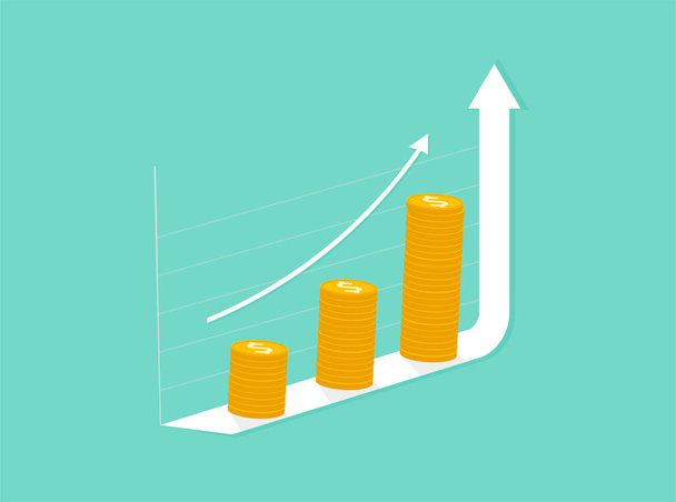 Business graph with arrow up. Growing money coins stack. - Vector, Image