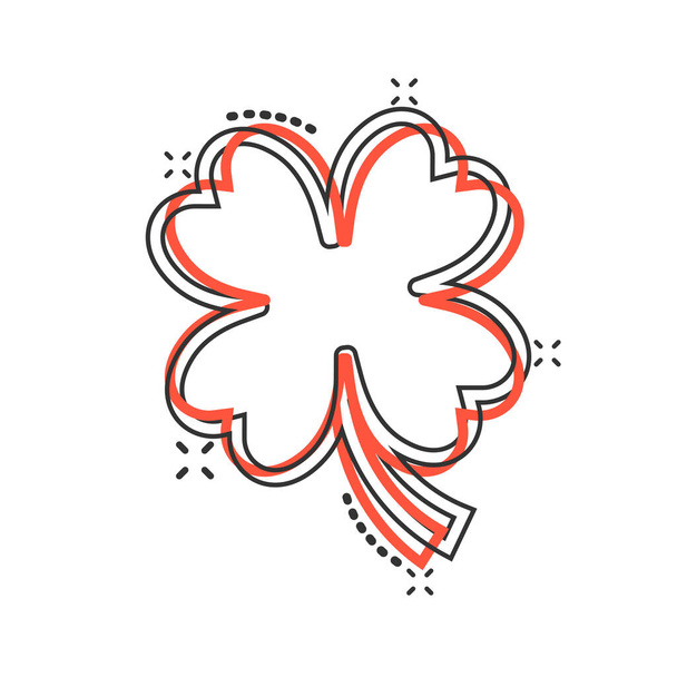 Vierblättrige Kleeblatt-Ikone im Comic-Stil. St. Patricks Day Cartoon-Vektor-Illustration auf weißem isolierten Hintergrund. Flower Shape Splash Effekt Geschäftskonzept. - Vektor, Bild