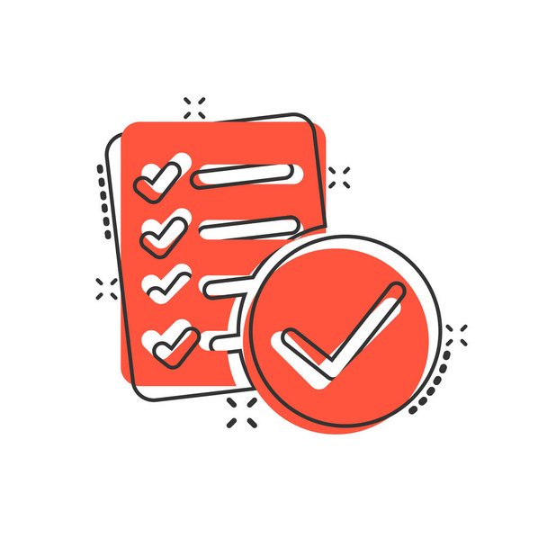 Document checklist icoon in stripstijl. Rapport cartoon vector illustratie op witte geïsoleerde achtergrond. Papier blad splash effect business concept. - Vector, afbeelding