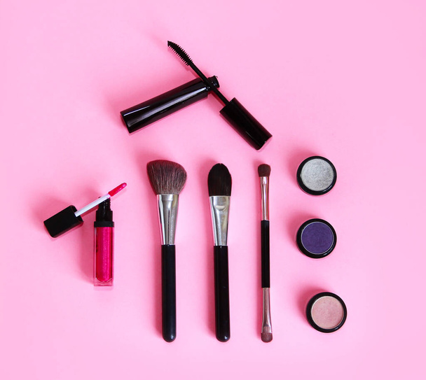 cosmetics eye shadow, mascara, lip gloss, makeup a brushes - Photo, Image