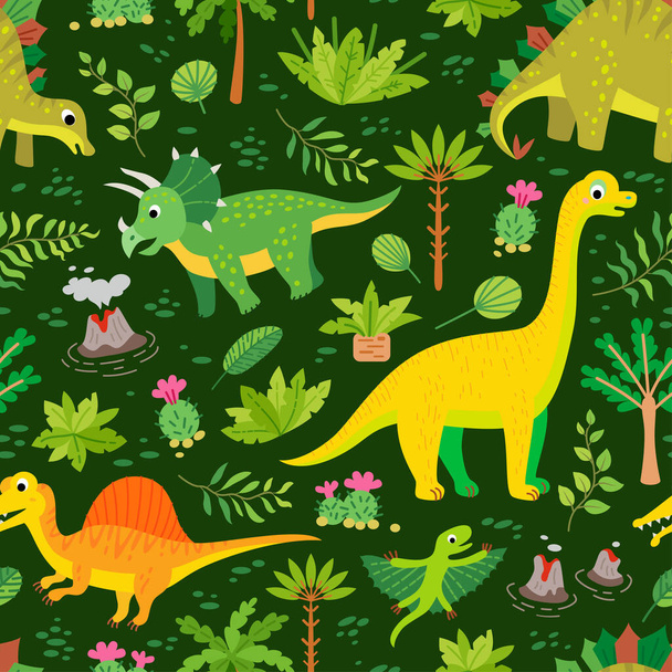 A Childish dinosaurs and tropical leaves pattern - Διάνυσμα, εικόνα