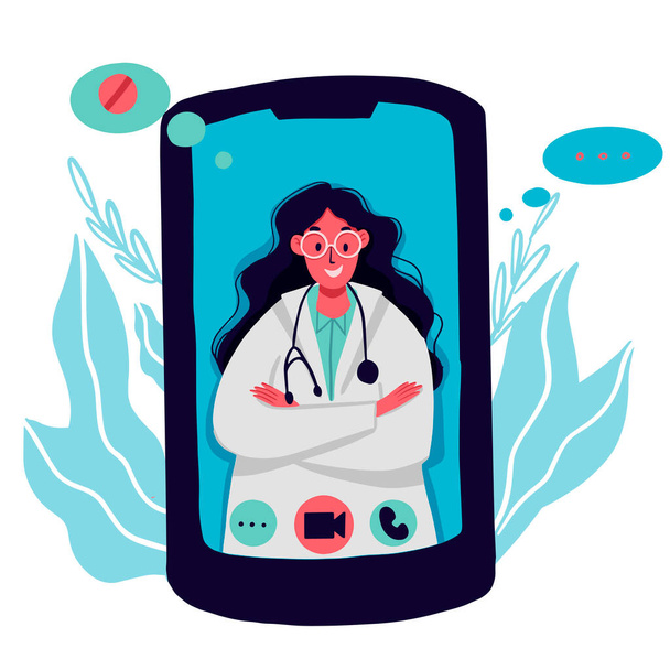 Online ιατρική ιατρική έννοια. Ιατρική συμβουλευτική και θεραπεία μέσω της εφαρμογής του smartphone συνδεδεμένο κλινική στο διαδίκτυο. Online ιατρική συμβουλευτική τεχνολογία σε διάνυσμα smartphone - Διάνυσμα, εικόνα