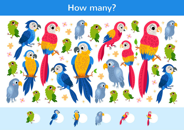 Počítání dětí hra tropických papoušků. - Vektor, obrázek