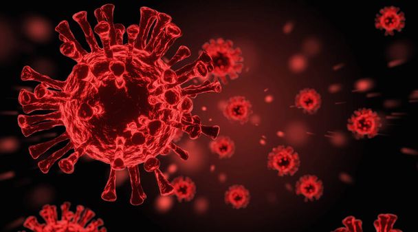 背景コロナウイルス(COVID-19) 3Dレンダリング。赤い細菌、生物細胞 - 写真・画像