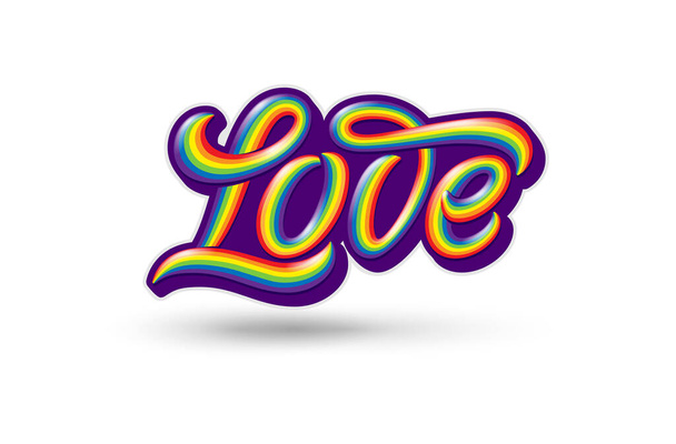 白を基調にしたカラフルな手書きのLOVEタイポグラフィでイラスト。同性愛の紋章。LGBTの誇りと愛のシンボル。ステッカー、シャツプリント、ロゴデザインのレタリング付きテンプレート. - ベクター画像