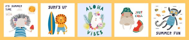 Collection of cards with cute funny animals doing summer activities, text. Scandinavian style flat design. Concept for children holidays print - Vector, Image
