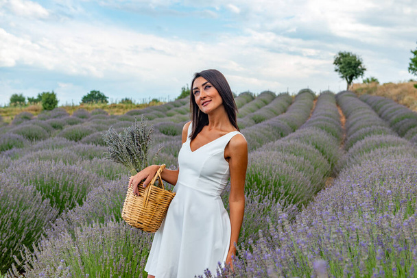Turkey's lavender paradise: Kuyucak Village, Isparta - Turkey . Beautiful woman in the lavander field of the Kuyucak Isparta. Woman model is walking through lavender fields.  - Photo, Image