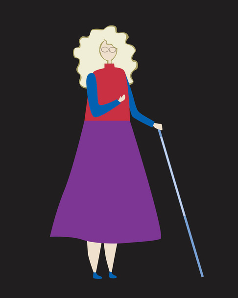 Un handicap d'une femme et des problèmes de vision de l'albinos. Illustration vectorielle plate avec une fille aveugle ou une dame dans des lunettes avec une canne blanche comme concept de cécité et d'albinisme
 - Vecteur, image