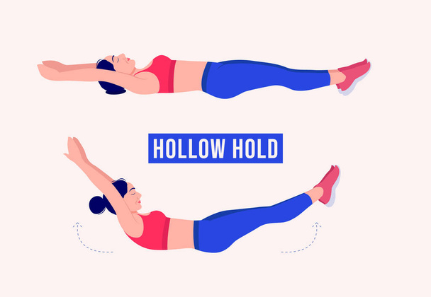 Mädchen beim Hollow-Hold-Training, Workout-Fitness für Frauen, Aerobic und Übungen. Vektorillustration. - Vektor, Bild