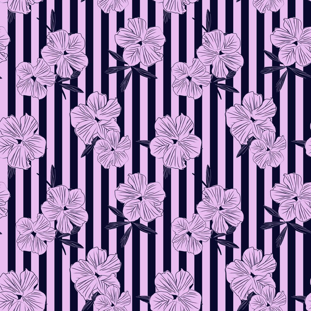 Fialový květinový botanický bezešvý vzor s pruhovaným pozadím pro módní potisky, grafiku, zázemí a řemesla - Vektor, obrázek