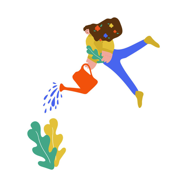 Vector illustration Girl with a bore flat vector illustration. Flat design women. Girl with plants plants isolated cartoon characters. Demonstration of a garden, garden, planting. - Vektor, obrázek