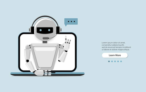 Chat Bot Usando Computadora Portátil, Robot Asistencia Virtual Del Sitio Web O Aplicaciones Móviles. Servicio de soporte de voz bot. Soporte en línea bot. Ilustración vectorial
. - Vector, imagen