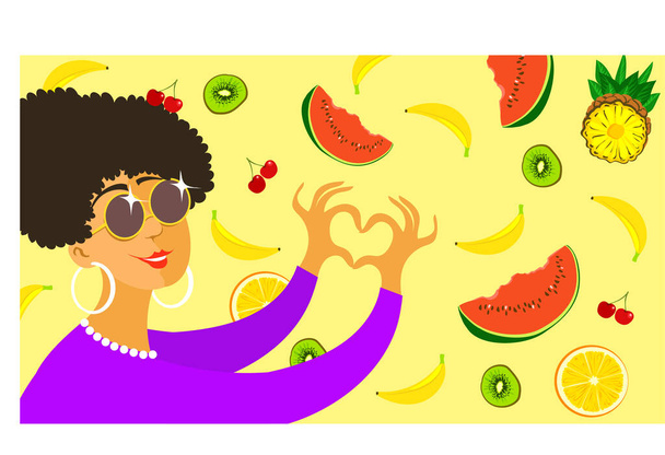 Moderne achtergrond. Vector. Heldere zomerse illustratie. Vreugdevol meisje omringd door fruit toont haar hart met vingers. - Vector, afbeelding