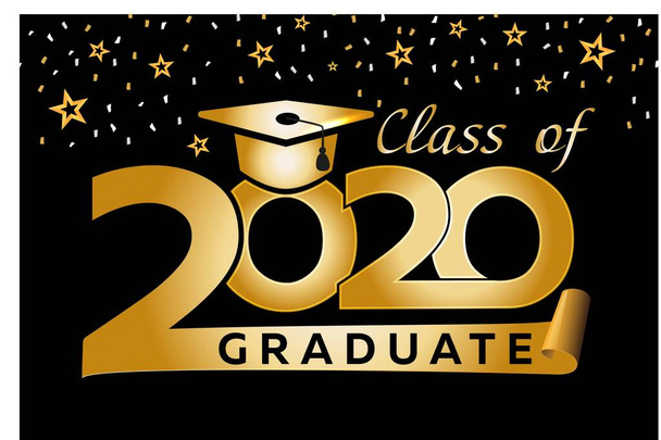 Banner di laurea di classe 2020. Congratulazioni a laureati, concetto di premio. Biglietto d'invito, pendenza dorata, sfondo nero
 - Vettoriali, immagini