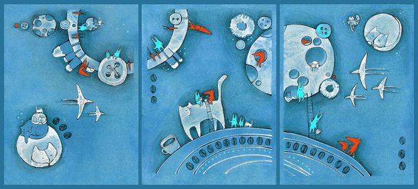 Coffee Universe modulare Paneele. Eine Fantasiewelt voller Süßigkeiten, bewohnt von blauen Kaninchen, roten Füchsen und riesigen Katzen. Handgezeichnete Grafiken in braunen Kaffeetönen. - Foto, Bild