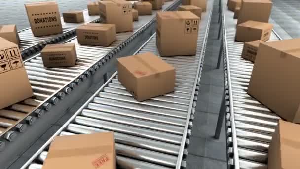 Donation in the cardboard boxes which moving on conveyor belt, seamless loop - Footage, Video