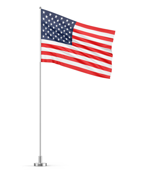 Amerikai Egyesült Államok zászló egy zászlórúd fehér háttér elszigetelt 3D illusztráció - Fotó, kép