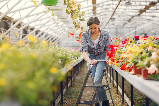Woman in a blue shirt working in a greenhouse - Foto, afbeelding