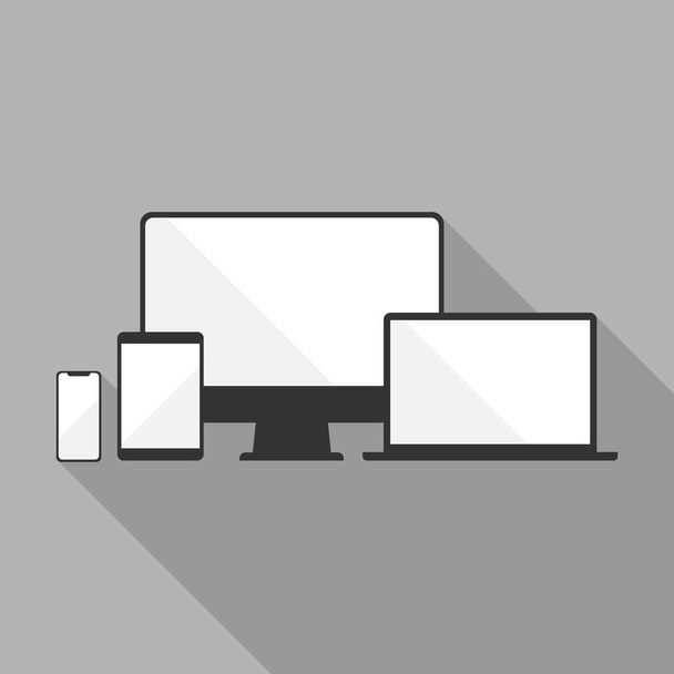 デバイスアイコン:スマートフォン、タブレット、ラップトップ、デスクトップコンピュータ。長い影を持つ灰色の背景のベクトルフラットイラスト - ベクター画像