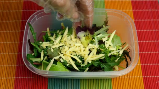 Saláta, rucola és egyéb gyógynövények reszelt sajttal, és tegye műanyag uzsonnás doboz és díszíteni árvácska virágok. Közelkép. - Felvétel, videó